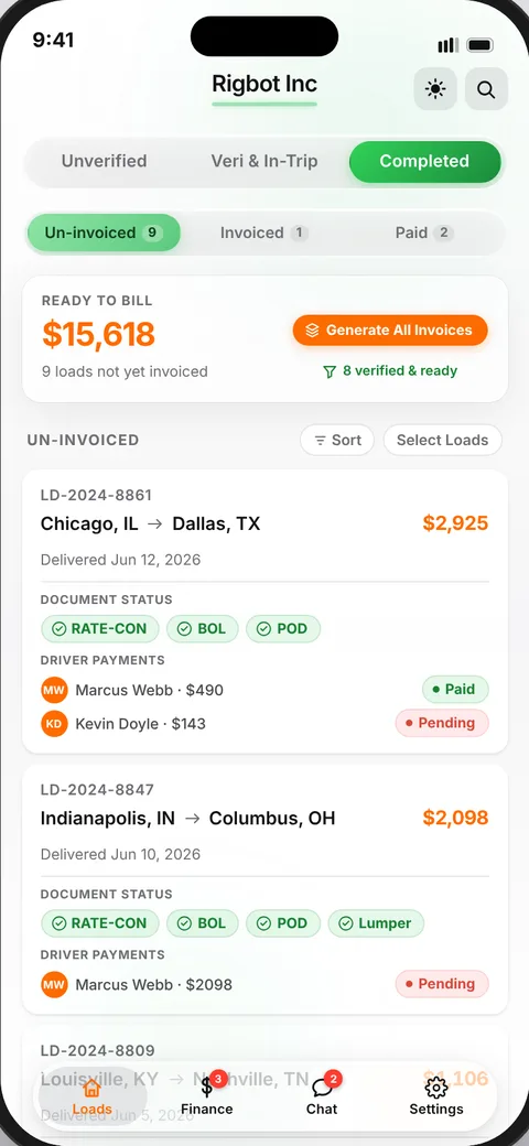 Rigbot TMS Admin app screen