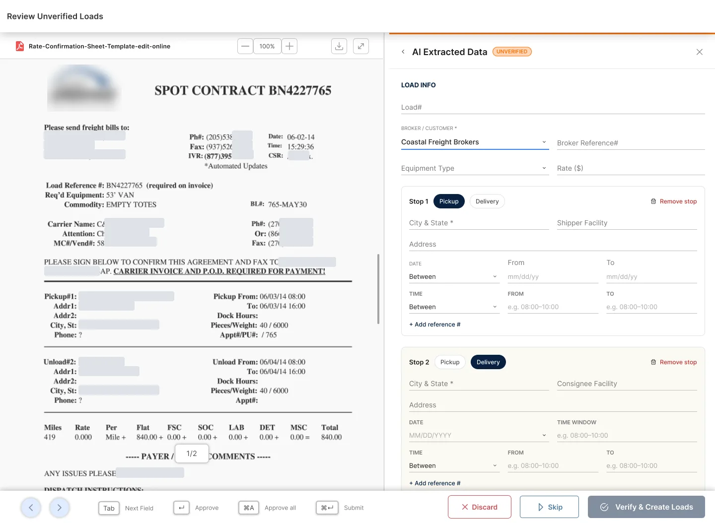 Rigbot TMS AI-extracted rate confirmation review screen