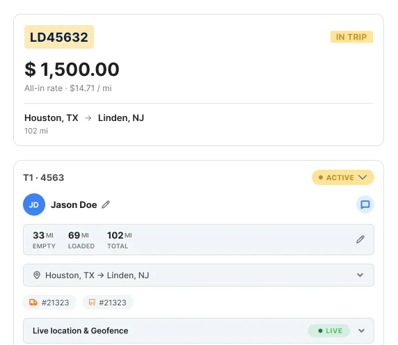 Load details card with live location and send ETA